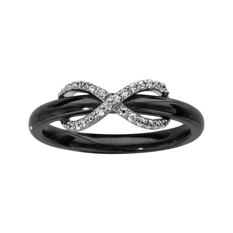 Infinity motif ring in rhodium-plated 925 silver with set white oxides