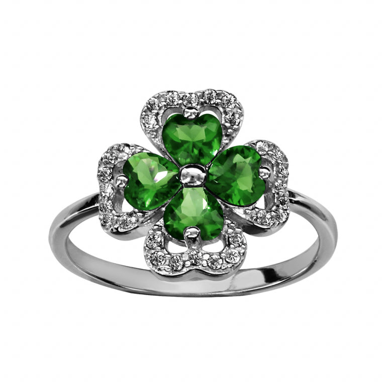 Clover ring in rhodium-plated 925 silver with green and white oxides