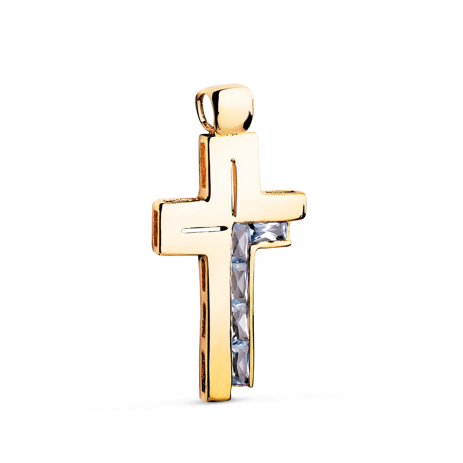 Croix en Or Jaune 18K Pierres Baguette Aigue-marine Zircone Cubique 31 X 15 mm