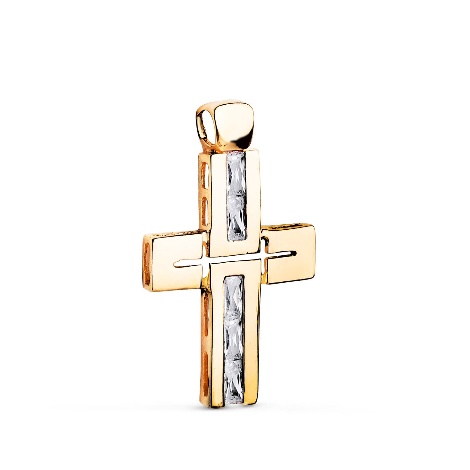 18K Gult Gull Kors Hvit Zircon Baguette Stones 29 x 18 mm