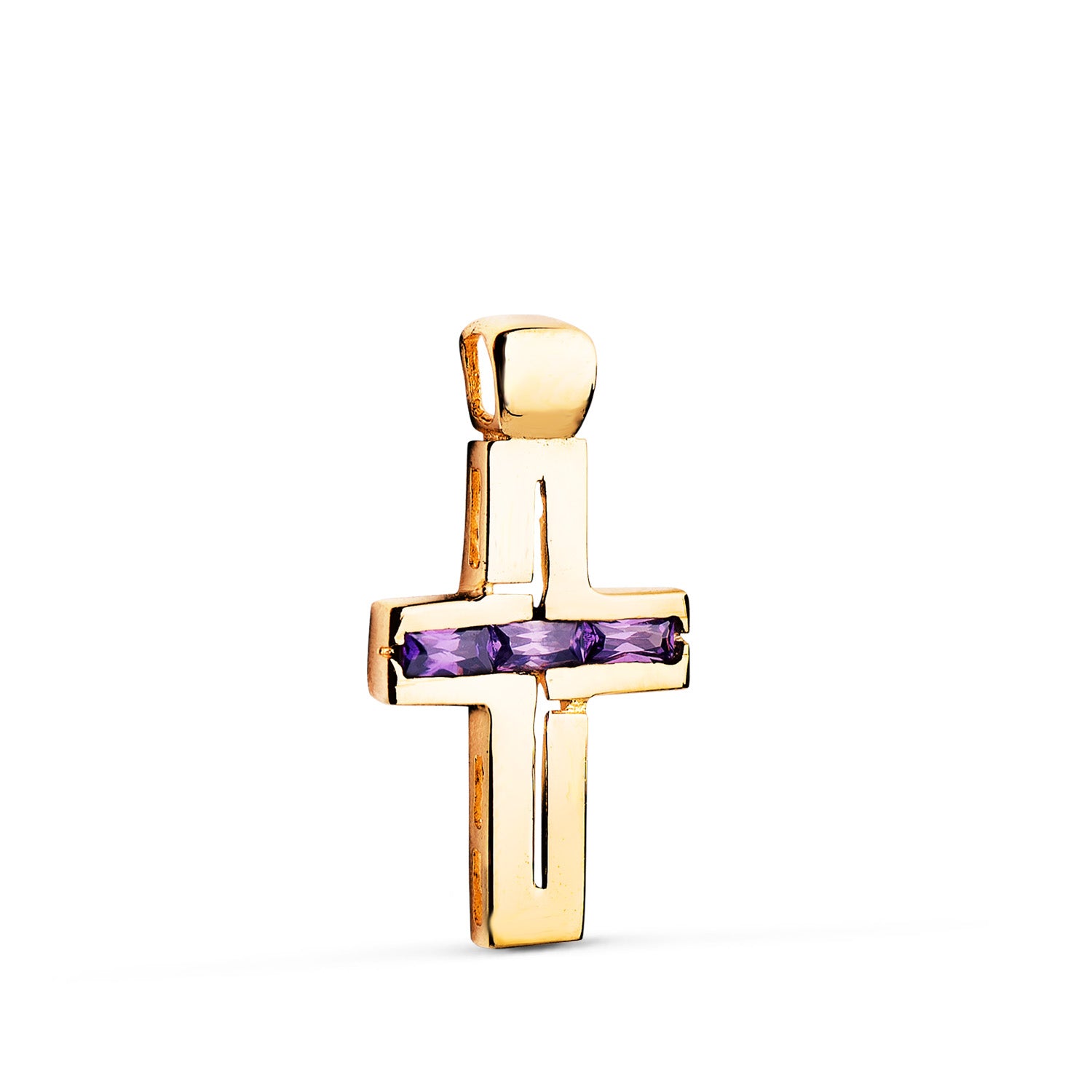 18K gult guld kors baguette stenar ametist zirconia 25 x 13 mm