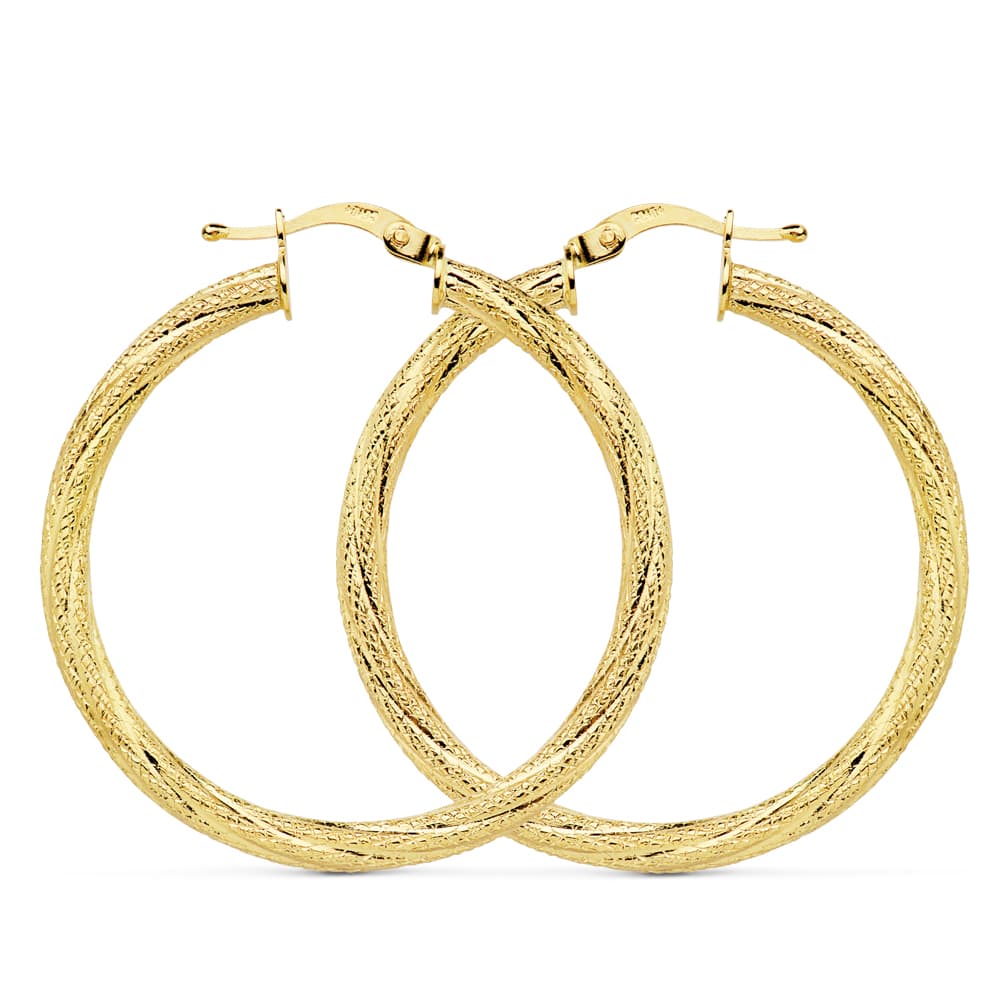 18K Yellow Gold Hollow Hoop Earrings 32 X 3 mm Grainy