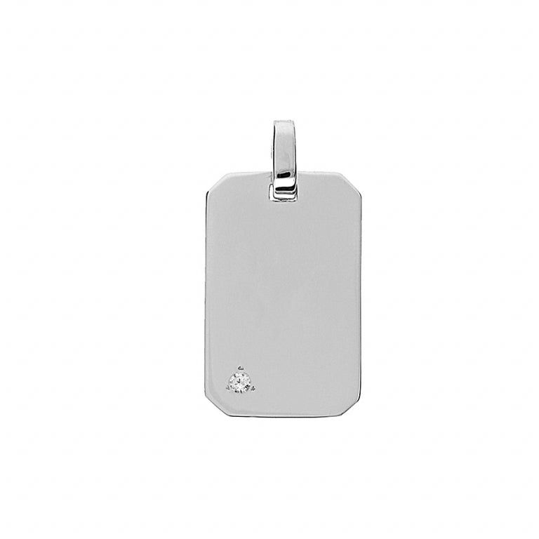 Pendentif plaque à graver en argent 925 rhodié avec oxydes blancs
