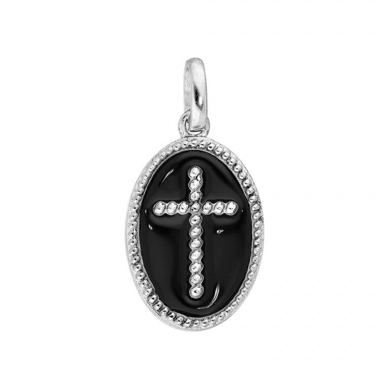 Pendentif croix ovale en argent 925 rhodié avec oxydes blancs