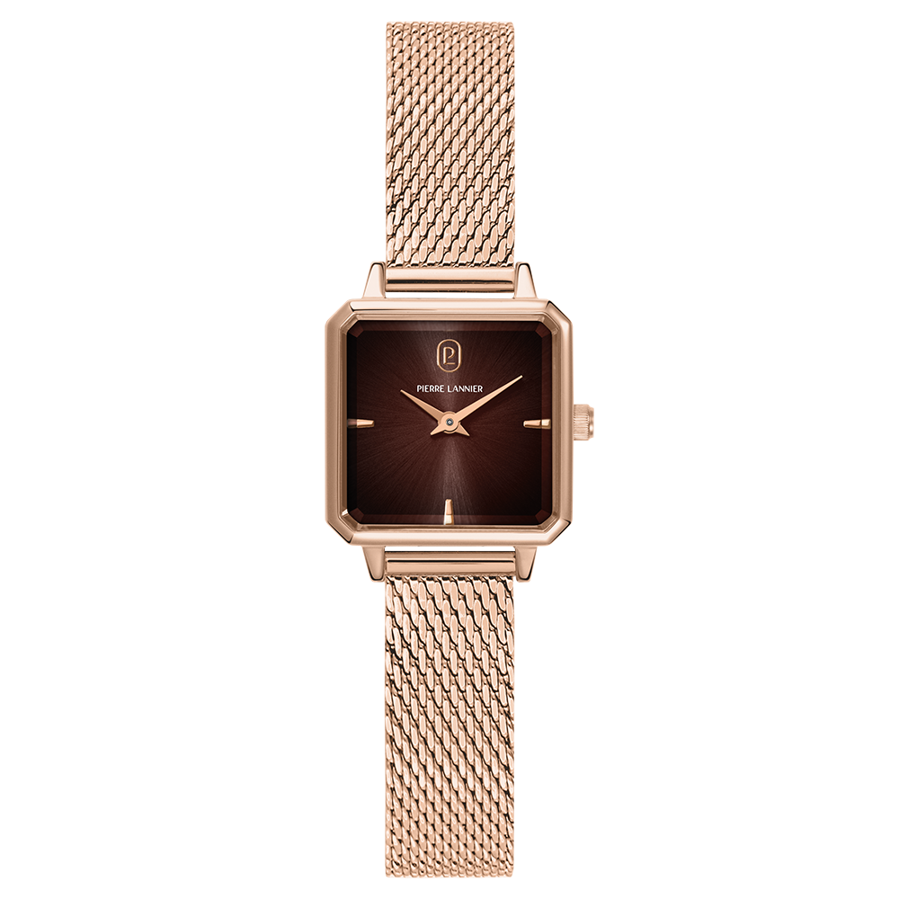 Montre femme Pierre Lannier LEONOR 072J788 – cadran chocolat bracelet acier milanais doré rose – vue de face