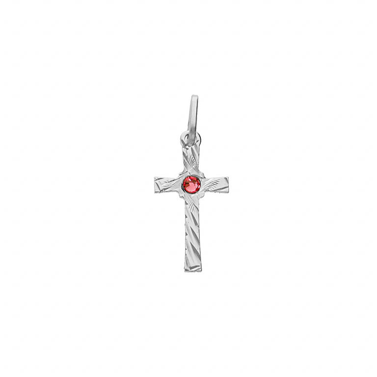 Pendentif croix en argent 925 rhodié avec oxyde rouge