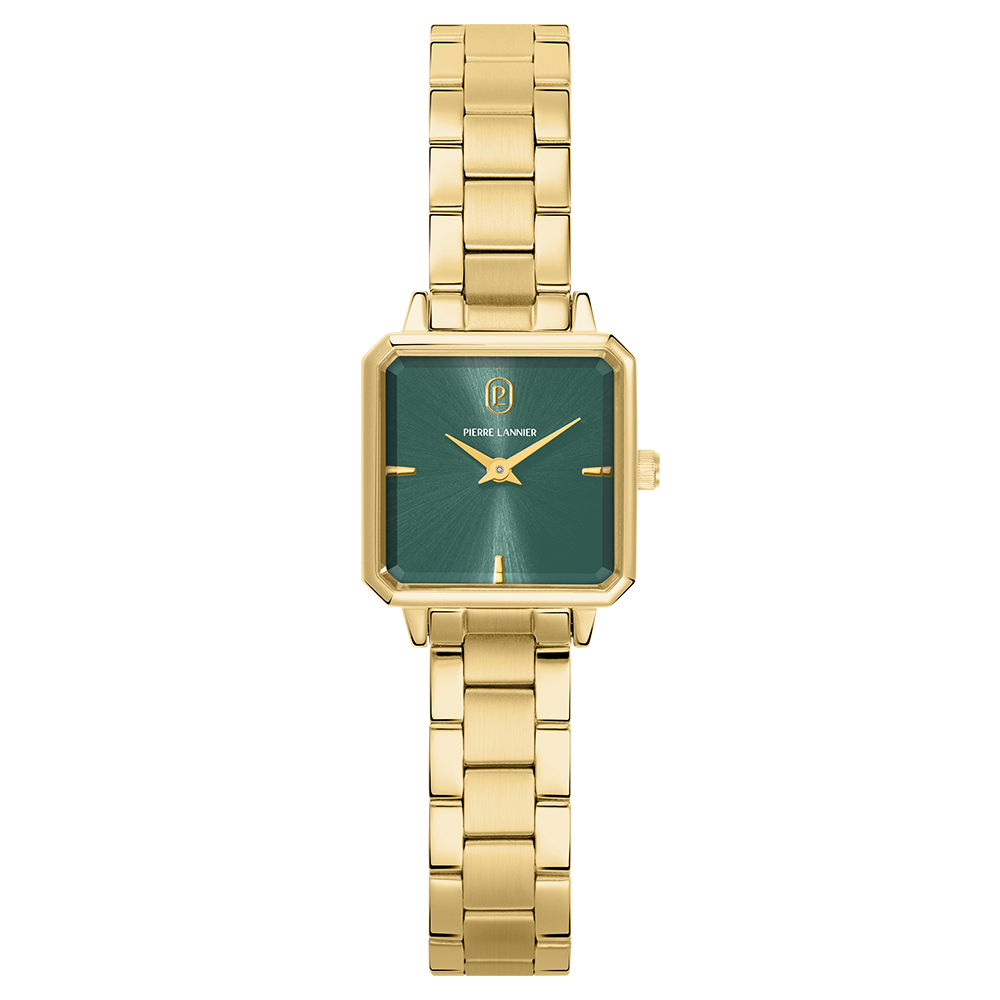 Montre femme Pierre Lannier LEONOR 073J572 – cadran vert bracelet acier doré – vue de face
