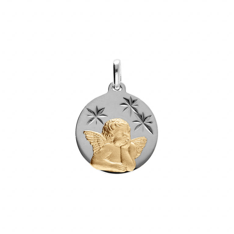 Pendentif en argent 925 motif étoile avec ange en finition dorée et platine