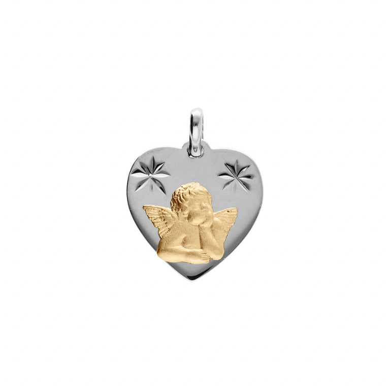 Pendentif coeur motif ange en argent 925 avec finition platiné et doré