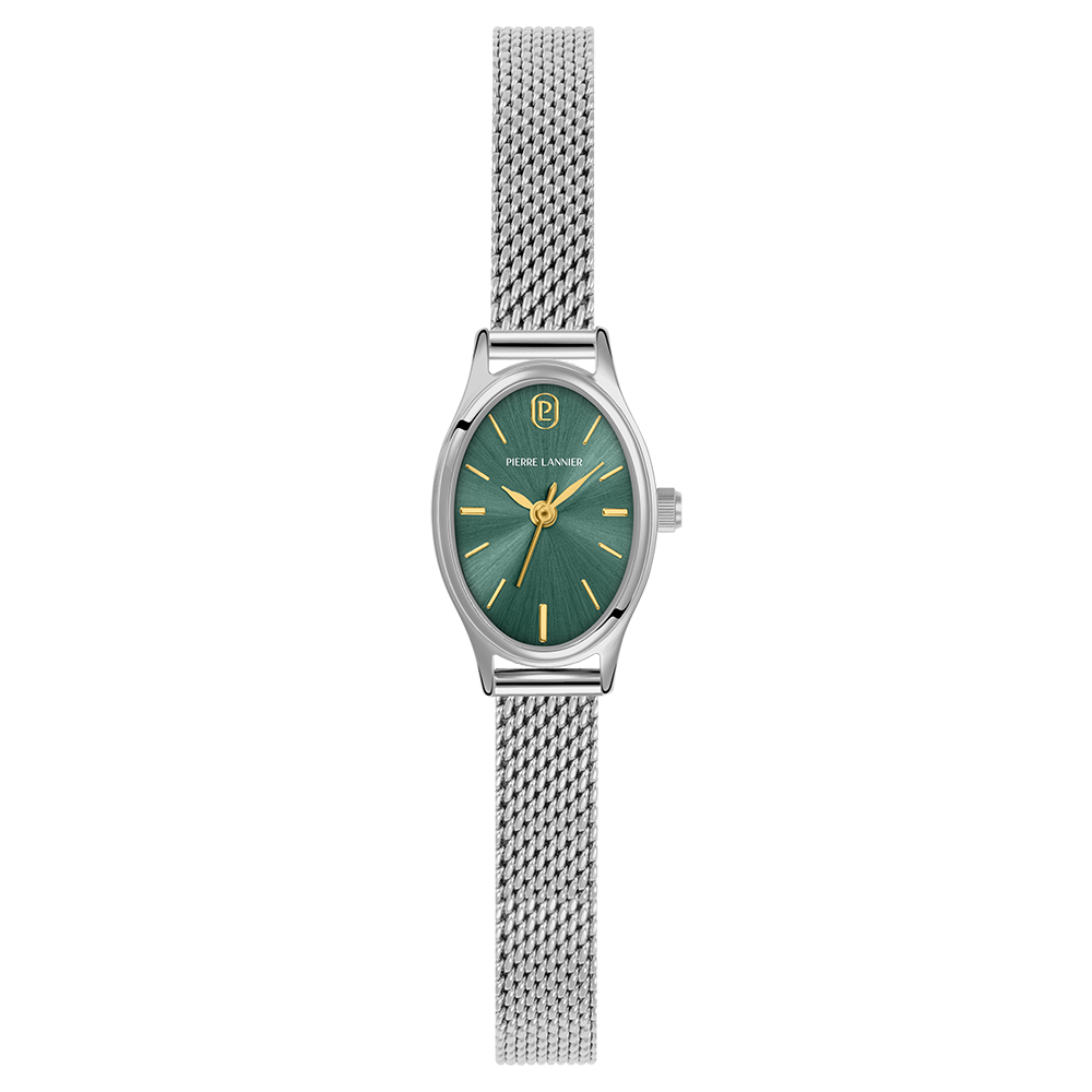 Montre femme Pierre Lannier OVALIA 074M671 – cadran vert bracelet milanais argenté – vue de face