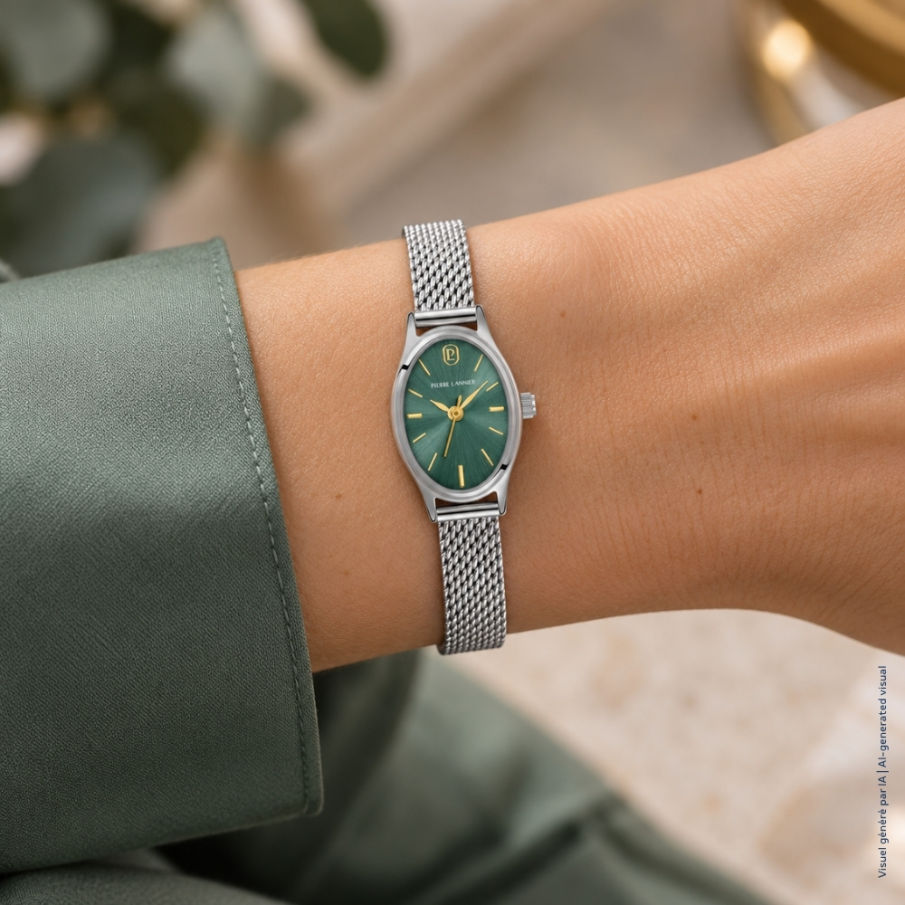 Montre femme Pierre Lannier OVALIA 074M671 – cadran vert bracelet milanais argenté – vue 2
