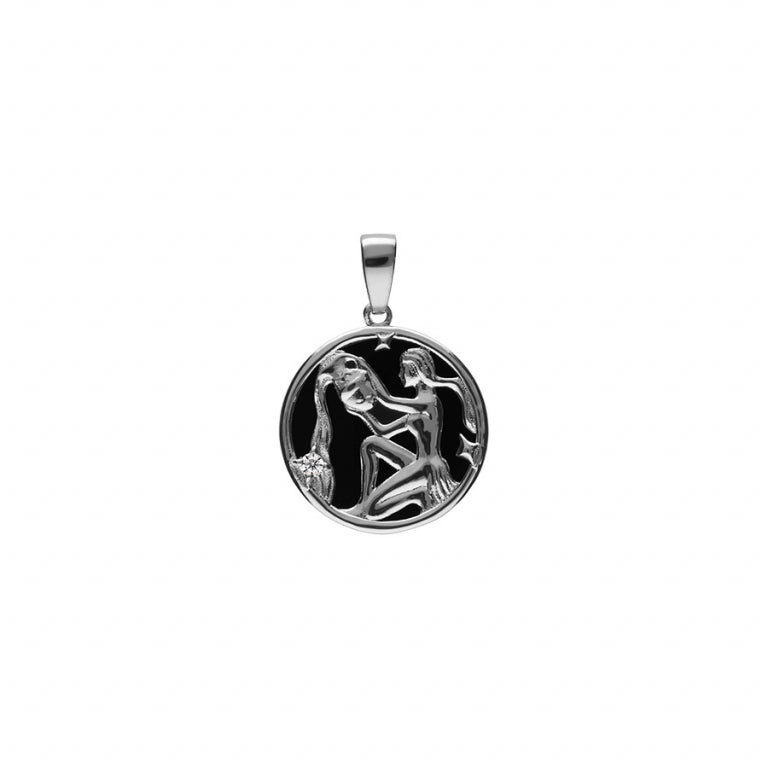 Pendentif mode Verseau en argent 925 rhodié avec onyx noir imitation