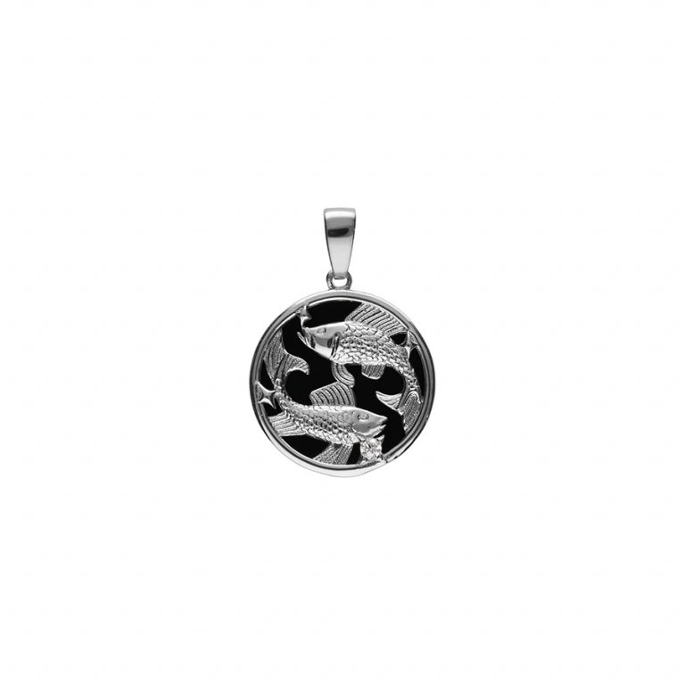 Pendentif mode poissons en argent 925 rhodié avec onyx noir imitation