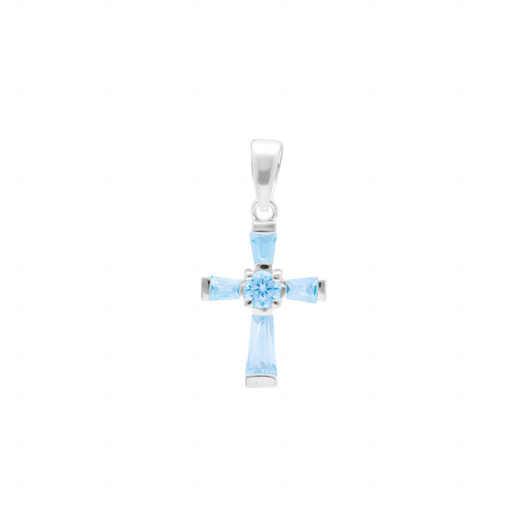 Pendentif mode croix en argent 925 avec oxydes bleu ciel