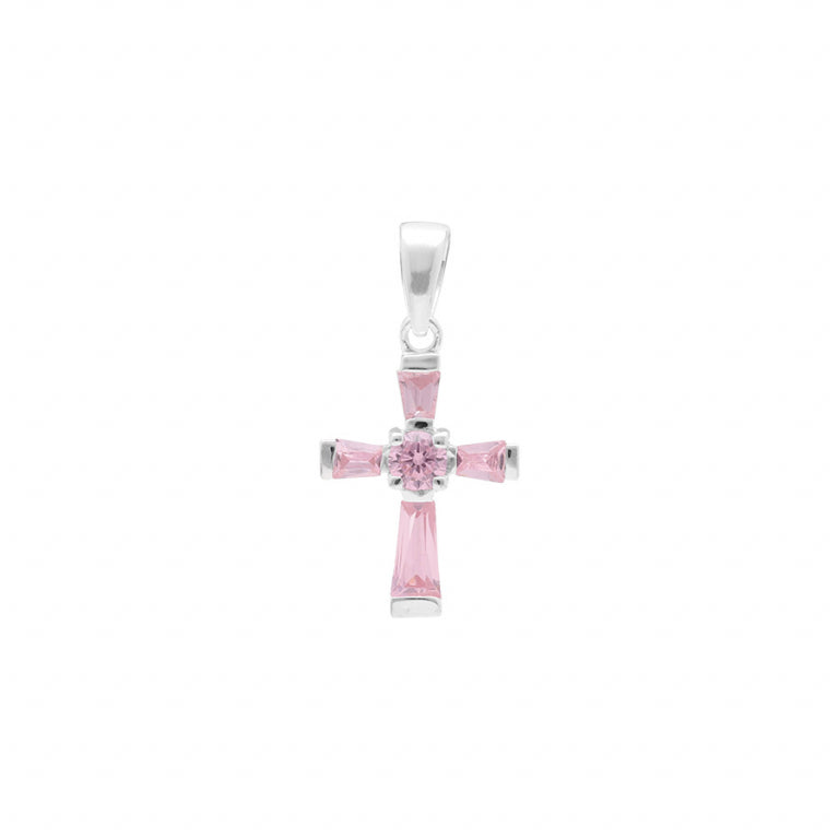 Pendentif mode croix en argent 925 avec oxydes de zirconium rose