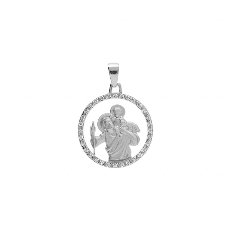 Pendentif mode Saint Christophe rond en argent 925 avec oxydes de zirconium blancs