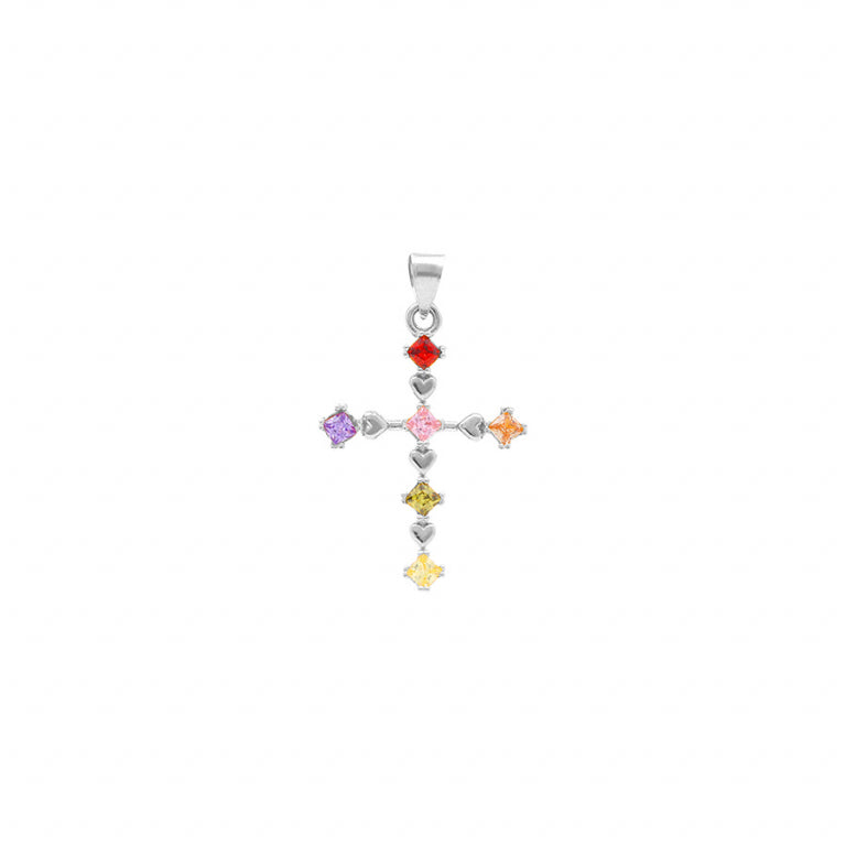 Pendentif croix en argent 925 rhodié avec oxydes multicolores