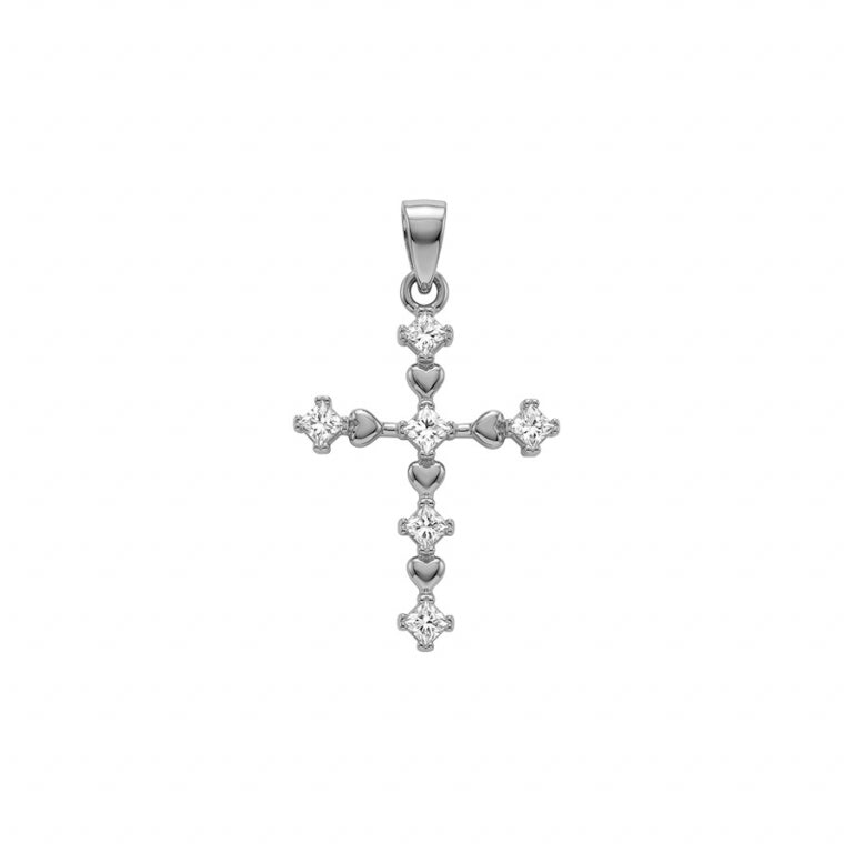 Pendentif croix cœur en argent 925 rhodié avec oxydes blancs