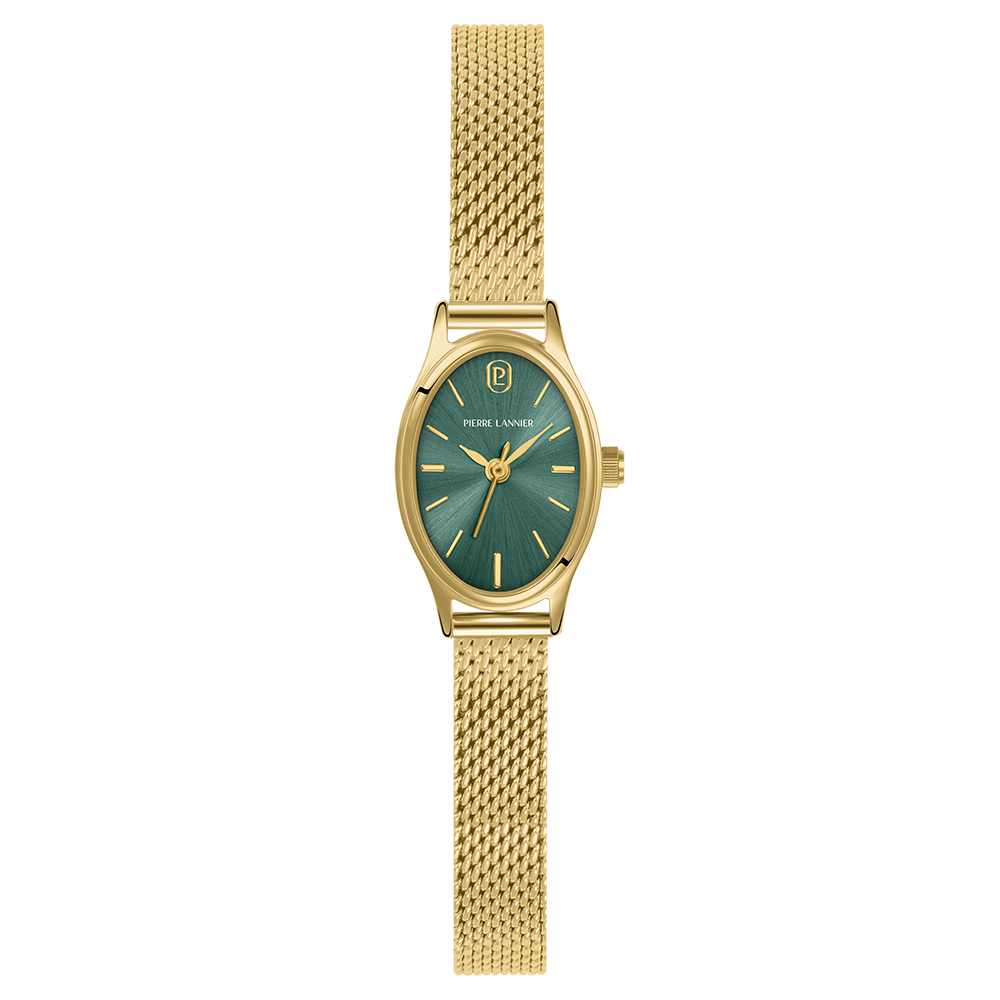 Montre femme Pierre Lannier OVALIA 075K572 – cadran vert bracelet acier milanais doré – vue de face