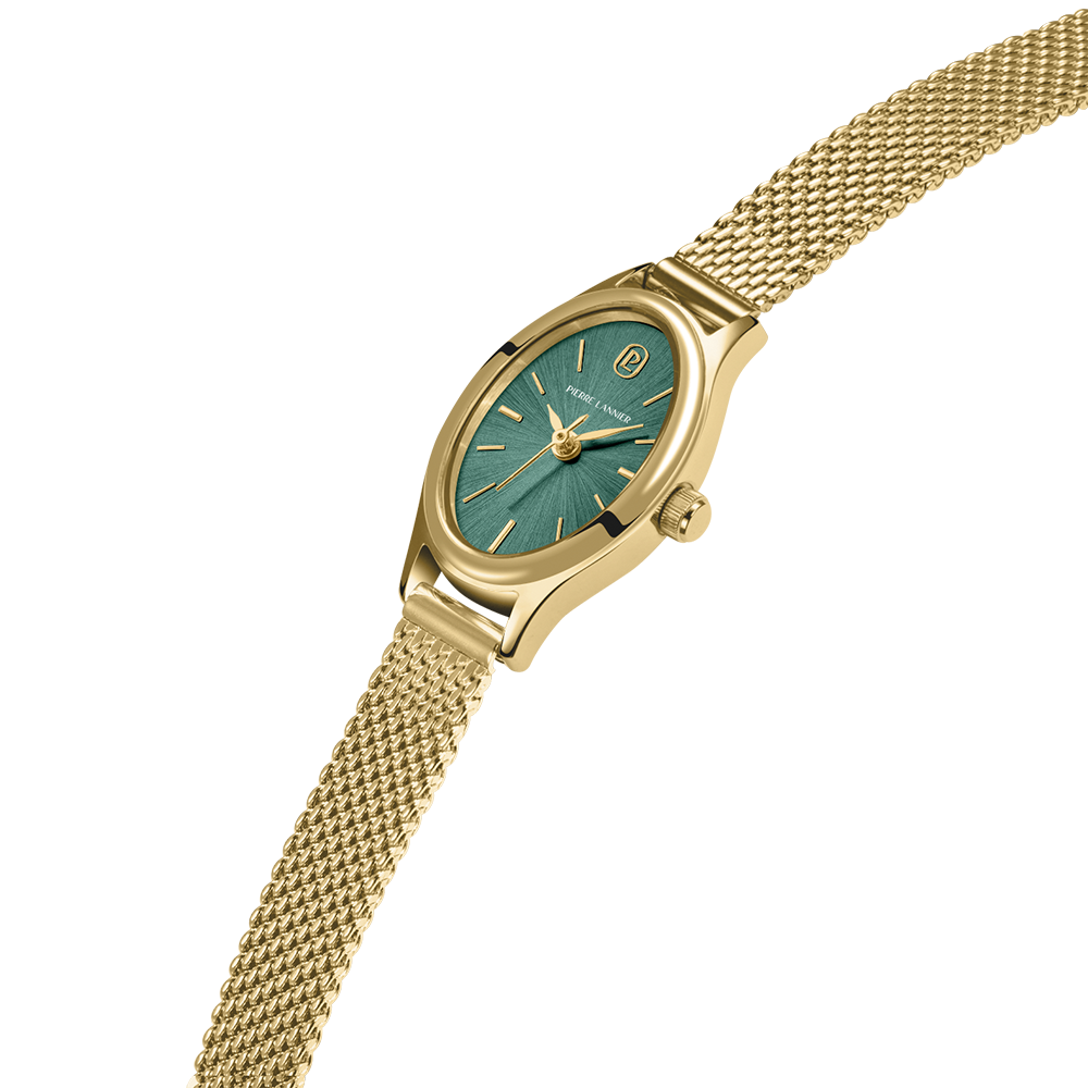 Montre femme Pierre Lannier OVALIA 075K572 – cadran vert bracelet acier milanais doré – vue 2