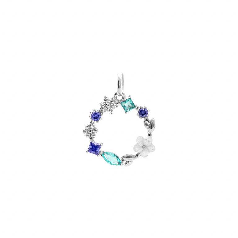 Pendentif rond jardin fleuri en argent 925 rhodié avec oxydes bleus
