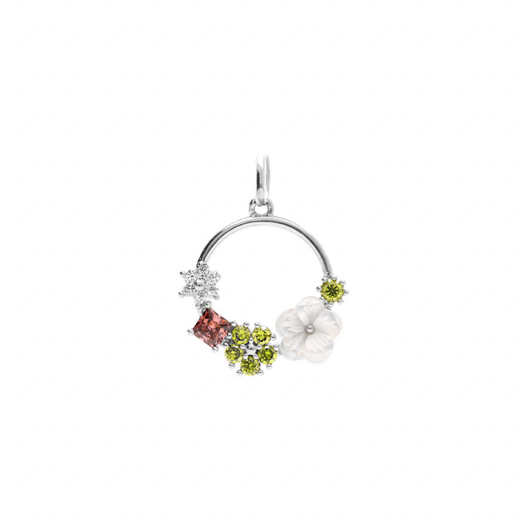 Pendentif jardin fleuri en argent 925 rhodié avec oxydes multicolores