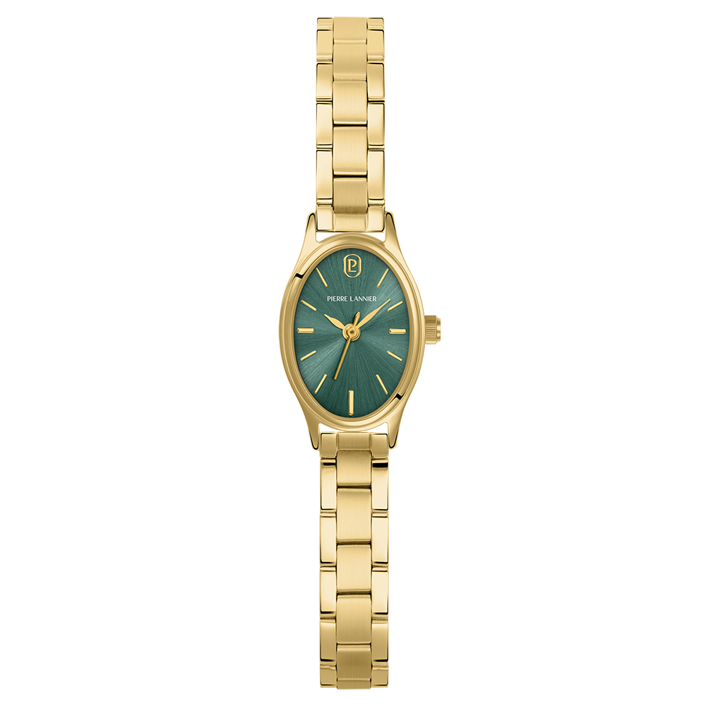 Montre femme Pierre Lannier OVALIA 076H572 – cadran vert bracelet acier doré – vue de face