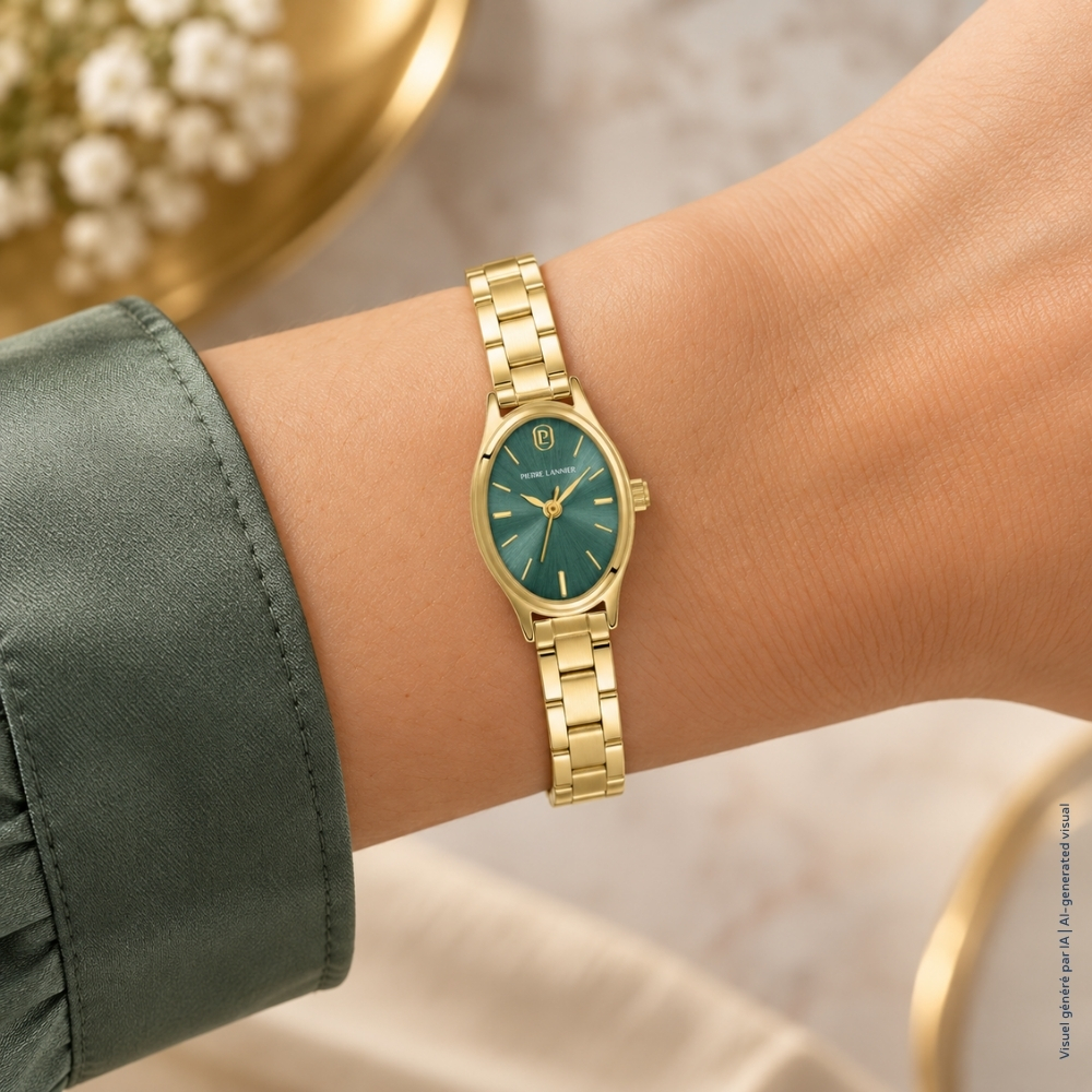 Montre femme Pierre Lannier OVALIA 076H572 – cadran vert bracelet acier doré – vue 2