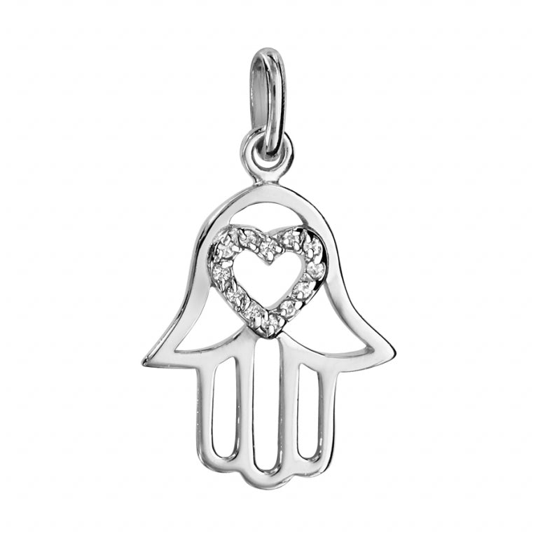 Pendentif main de Fatma en argent 925 rhodié avec cœur oxydes blancs