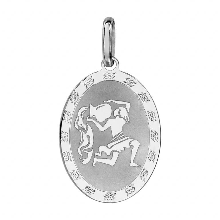 Pendentif mode zodiaque Verseau ovale en argent 925 rhodié à finition brillant et fond sable