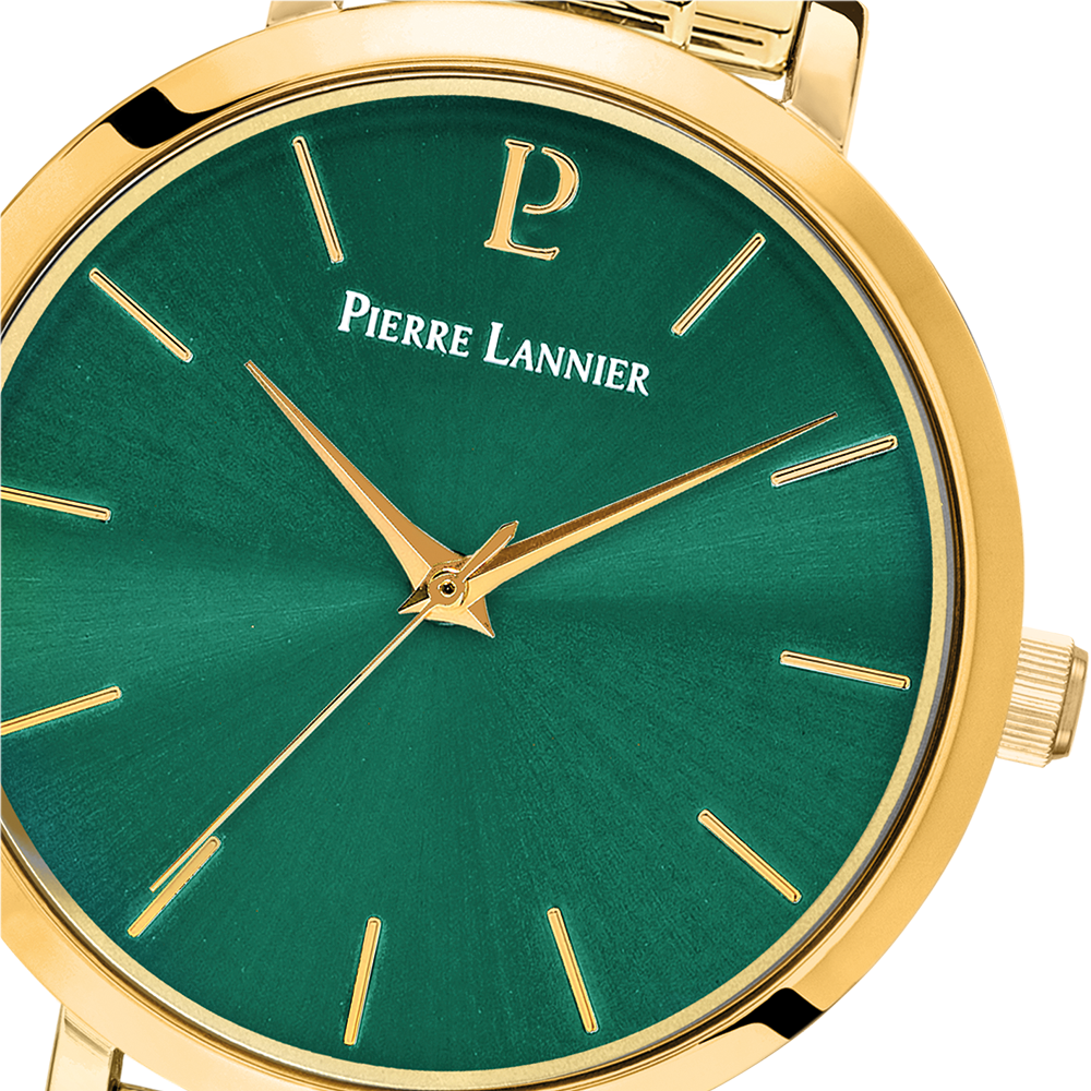 قرص أشعة الشمس باللون الأخضر، عقارب ذهبية، إطار ذهبي من Pierre Lannier 079M572