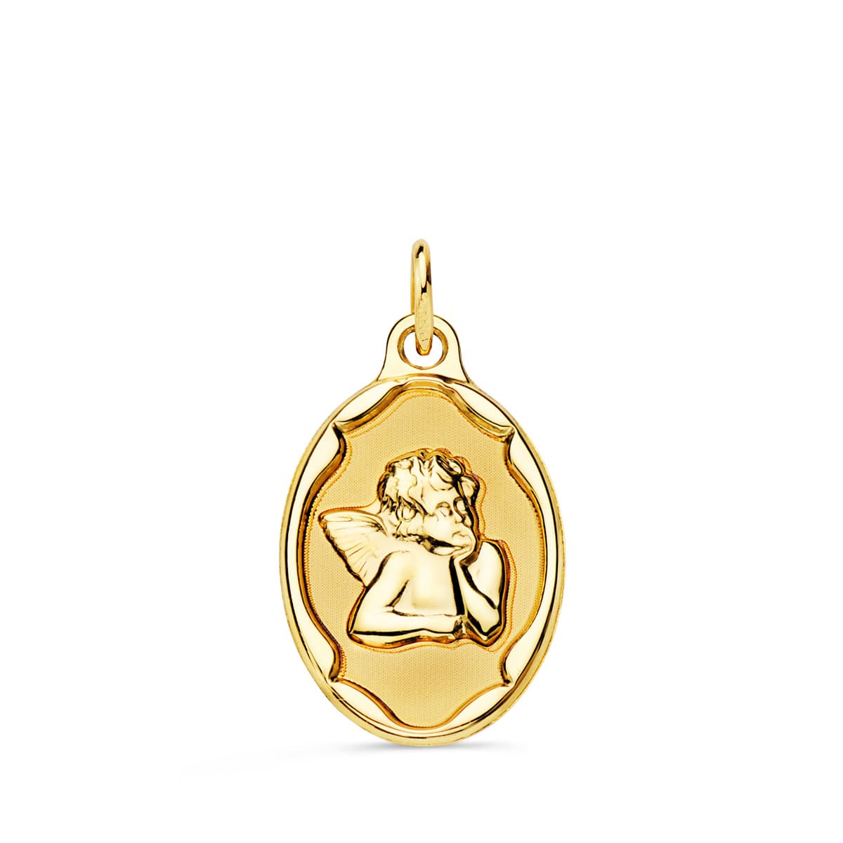 Medalla Pulie de Burlon con ángel pequeño ovalada de oro amarillo de 18 quilates con marco Pulie de 17 x 13 mm