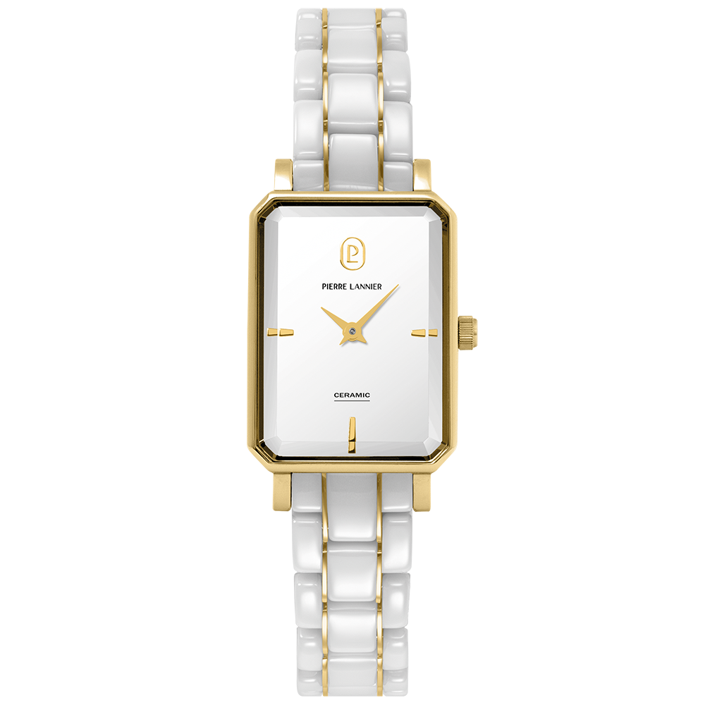 Montre femme Pierre Lannier ARIANE 085L809 – cadran blanc bracelet céramique blanche et acier doré – vue de face