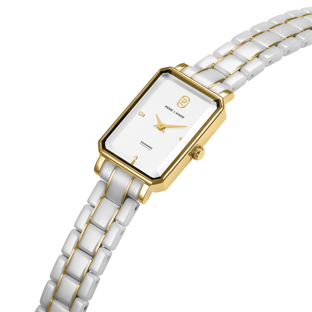 Montre femme Pierre Lannier ARIANE 085L809 – cadran blanc bracelet céramique blanche et acier doré – vue 3