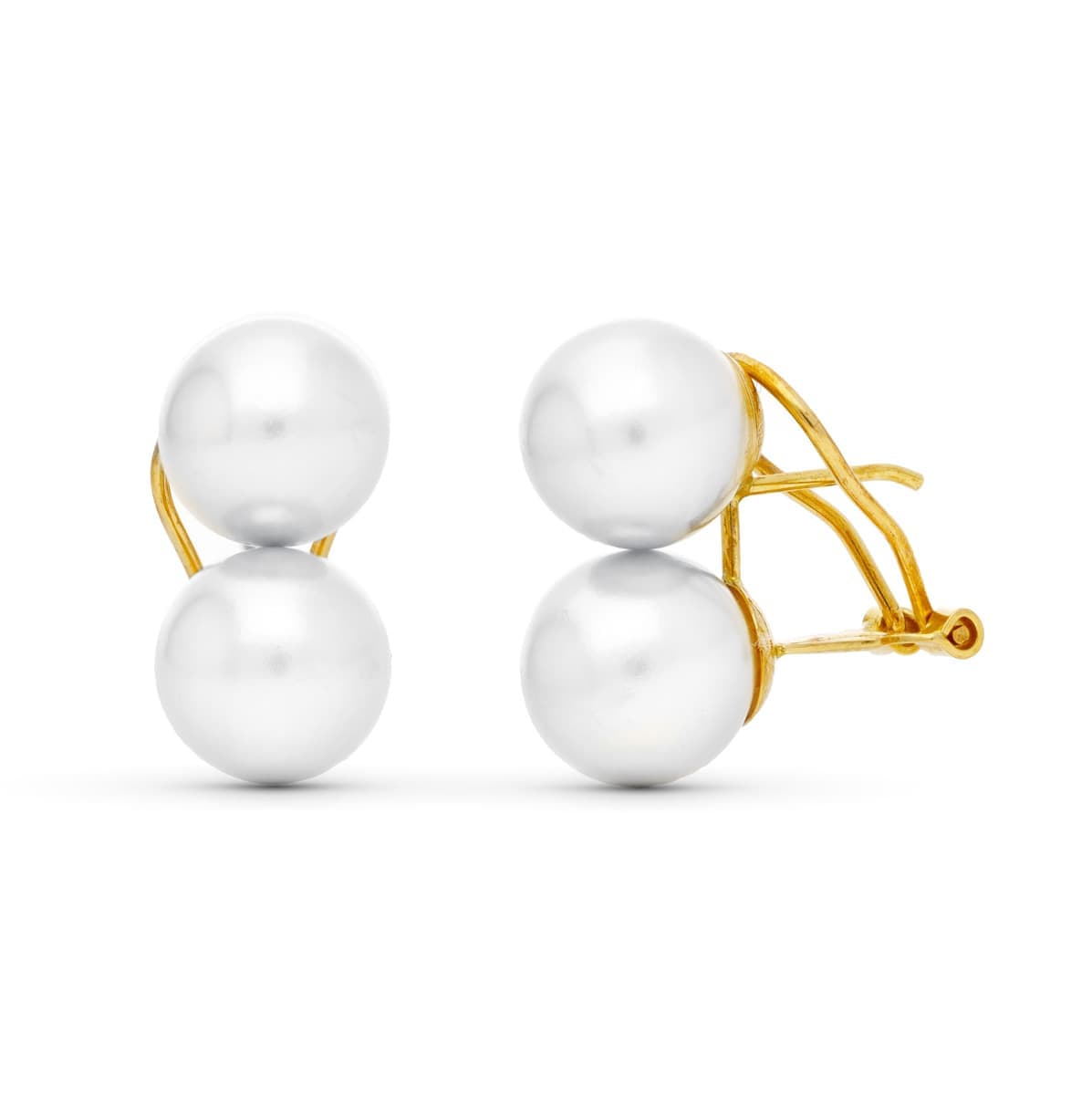 18K Boucles d'oreilles Or Jaune Perle 9 mm Fermoir Omega