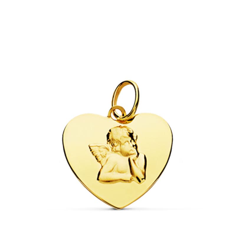 Pendentif en Or Jaune 18K avec Coeur Brillant et Ange Burlon 14 mm