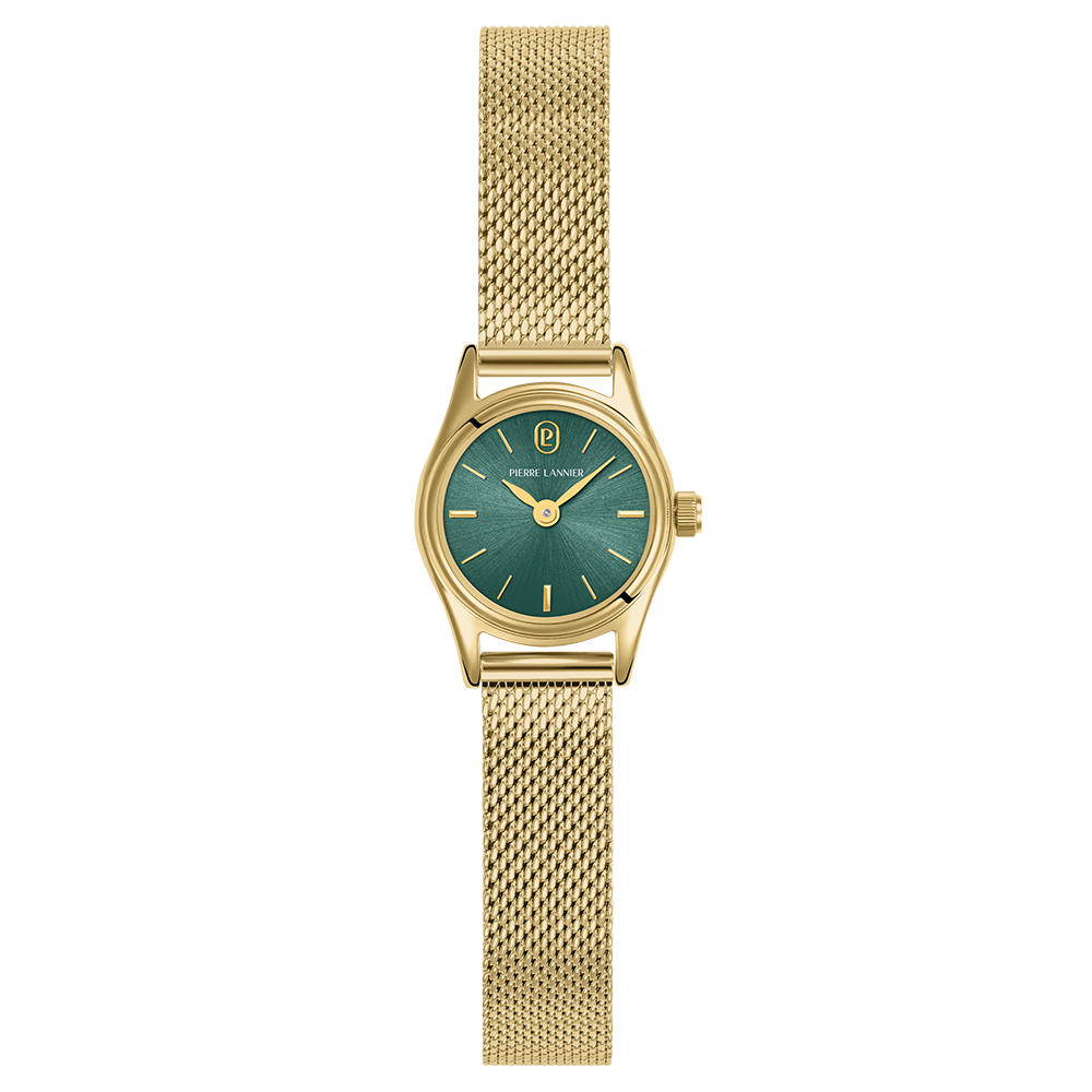 Pierre Lannier PYA dameshorloge gouden kast gouden Milanese stalen band 091M572