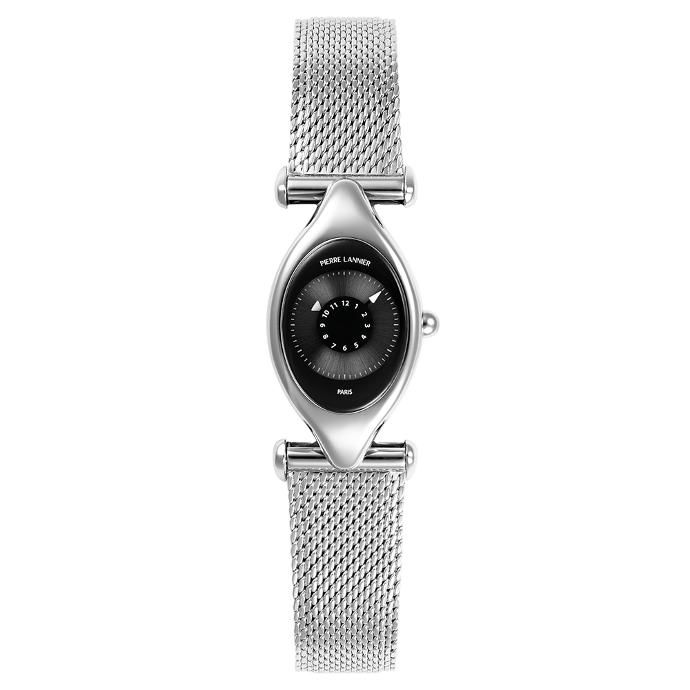 Montre femme Pierre Lannier OVNI 094L631 – cadran noir bracelet acier milanais argenté – vue de face