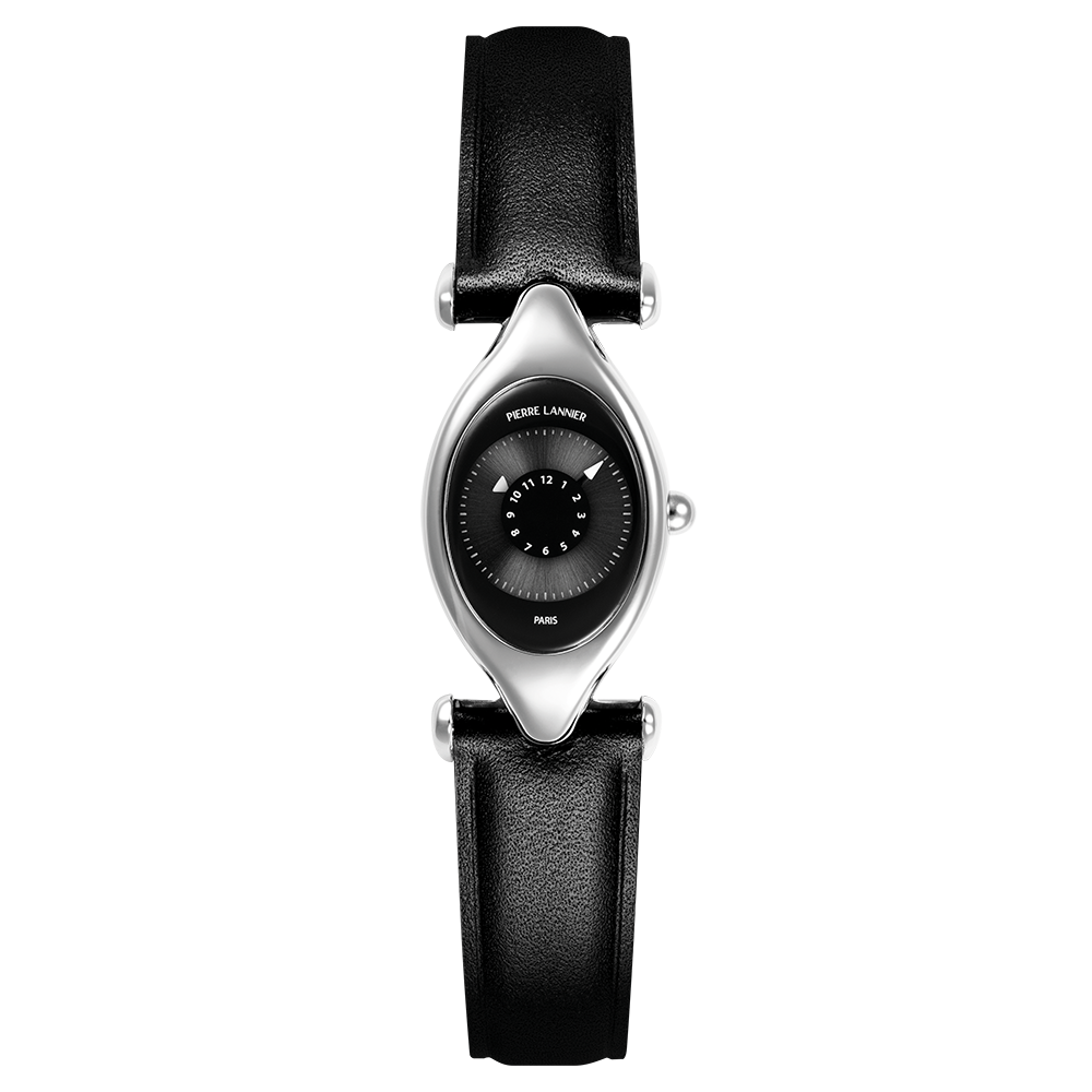 Montre femme Pierre Lannier OVNI 094L633 – cadran noir bracelet cuir noir – vue de face