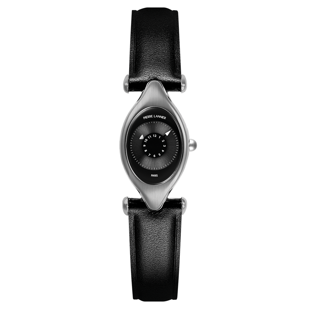 Montre femme Pierre Lannier OVNI 094L639 – cadran noir bracelet cuir noir – vue de face