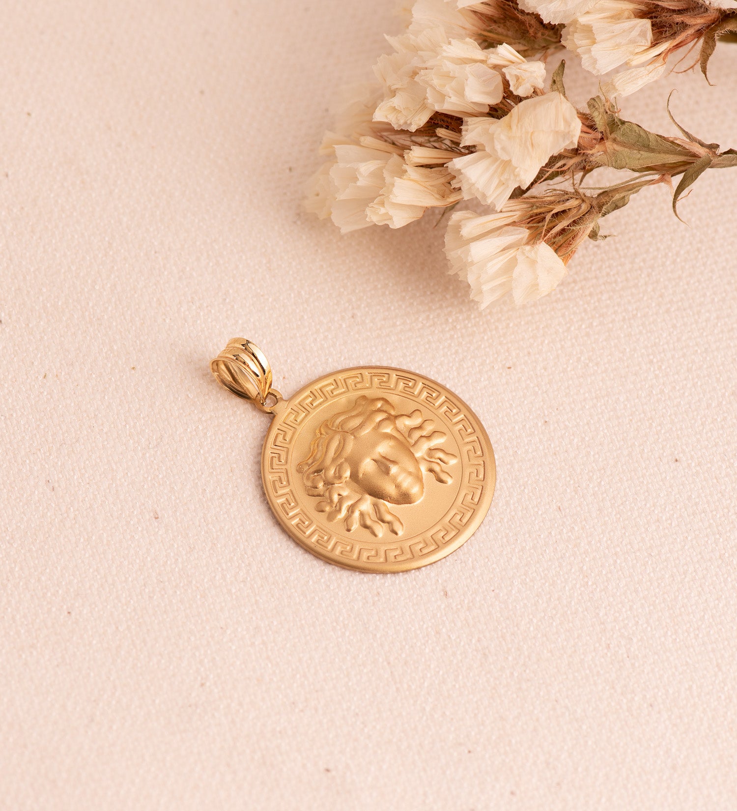 18K Médaille en Or Jaune Meduse et Bord Grecque 25 mm
