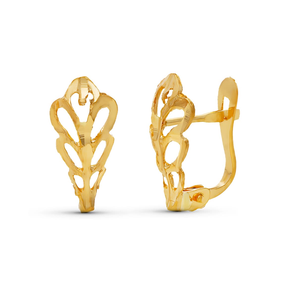 Boucles d'oreilles Or Jaune 18K Feuille DIAMANTÉE14X6 mm Fermoir à Charnière