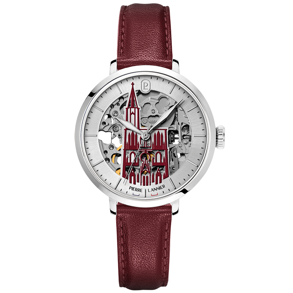Montre femme Pierre Lannier CATHEDRALE 101H625 – cadran argenté bracelet cuir bordeaux – vue de face