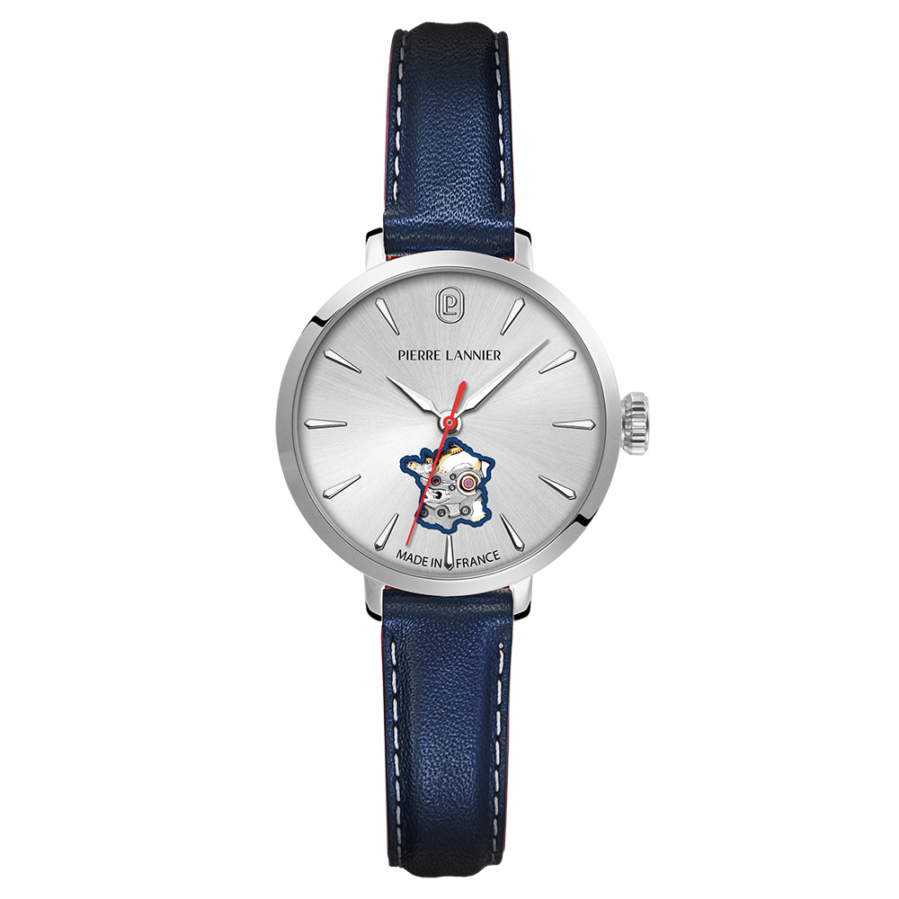 Montre femme Pierre Lannier SOLINE 102N626 – cadran argenté bracelet cuir bleu doublé de rouge – vue de face