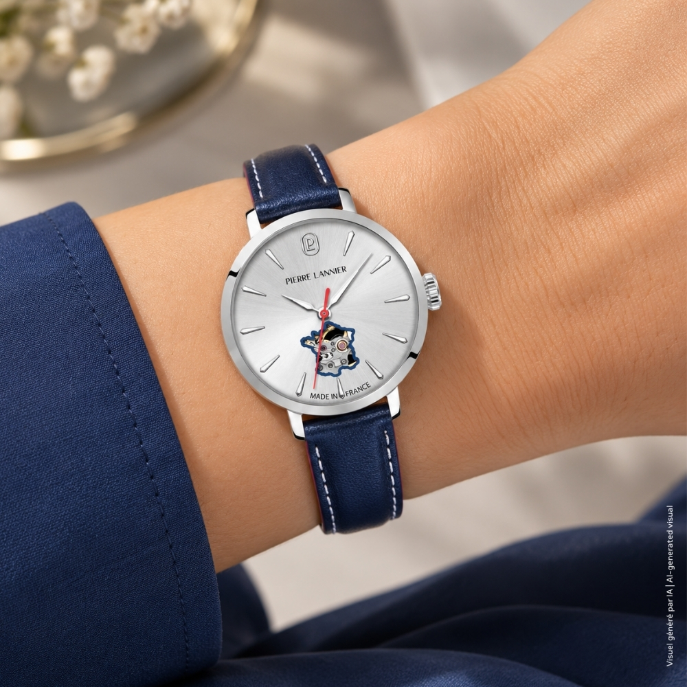 Montre femme Pierre Lannier SOLINE 102N626 – cadran argenté bracelet cuir bleu doublé de rouge – vue 2