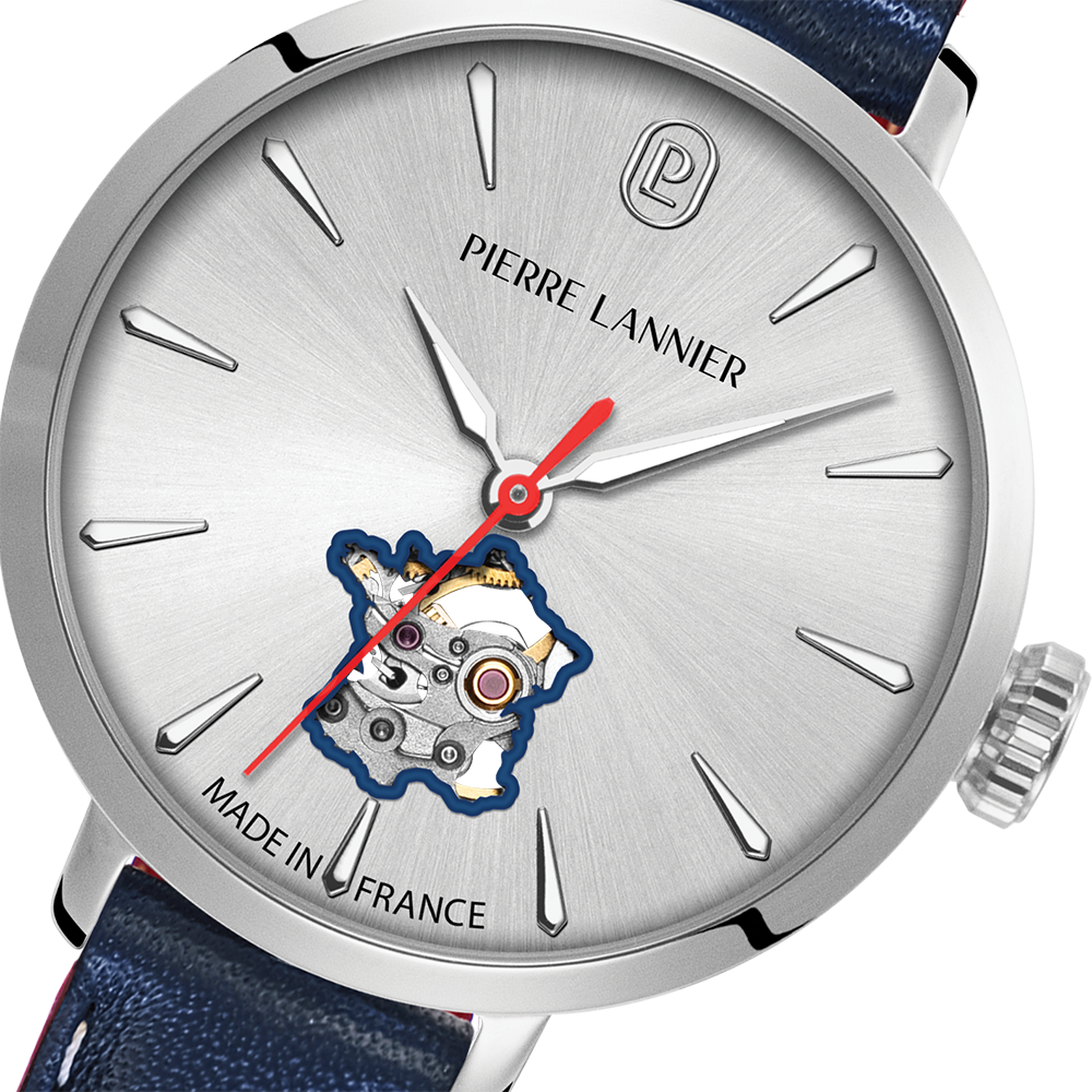 Montre femme Pierre Lannier SOLINE 102N626 – cadran argenté bracelet cuir bleu doublé de rouge – vue 3