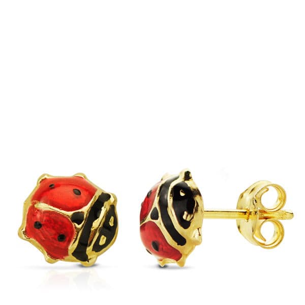 18K Boucles d'oreilles Or Jaune Coccinelle Email 7 X 7 mm Fermoir Poussettes Papillon
