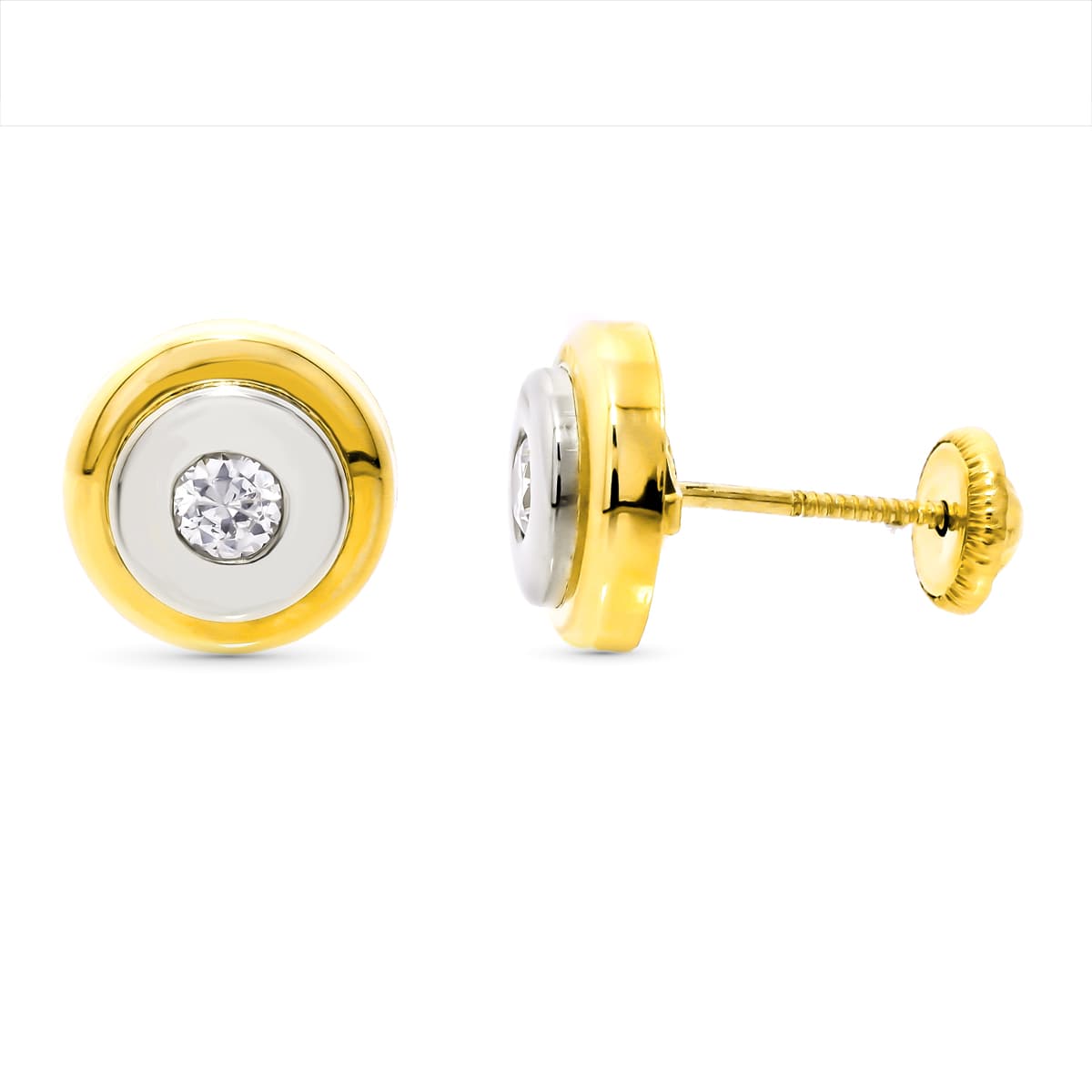 18K Two-tone Gold Earrings Round 9 mm Screw Clasp
