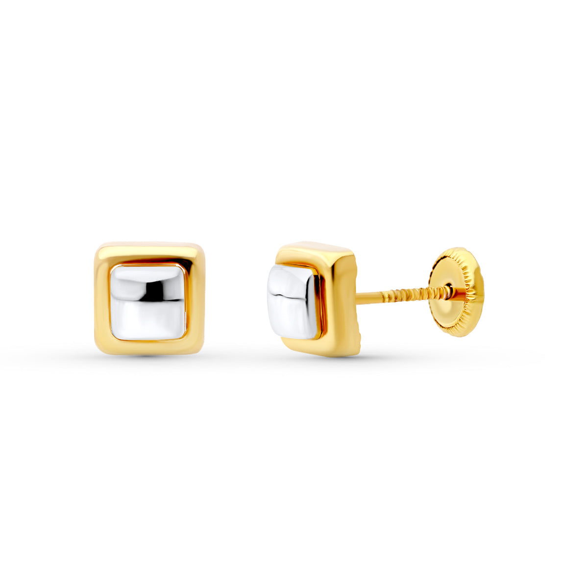 18 Ayar Altın Küpe İki Tonlu Kare 6X6 mm Vidalı Toka