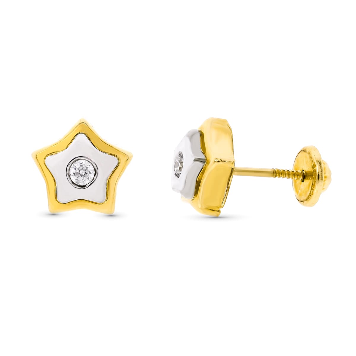 18 Ayar Altın İki Renkli Yıldız Küpe 8X8 mm Vidalı Toka